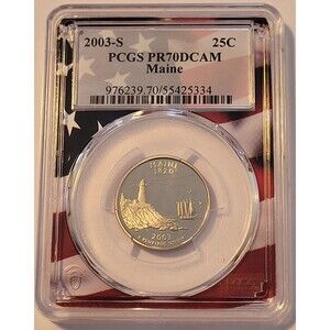 2003 S Clad Maine State Quarter Proof PR70 DCAM PCGS Flag Frame Holder